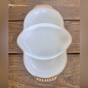 Vintage Fire King white milk glass tray with gold trim